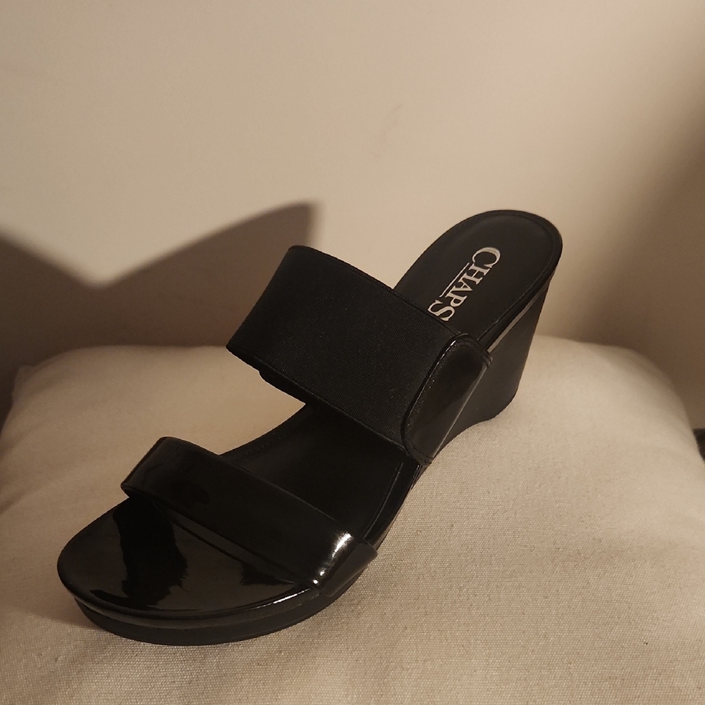 CHAPS by Ralph Lauren Black Panten Leather Mule Wedge Sandal. Size 7 BRAND NEW!